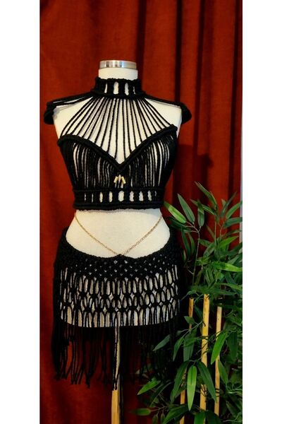 Zuviel Deco Handmade Black Macrame Chain Detailed Set, Beach Dress, Beachwear, Pareo