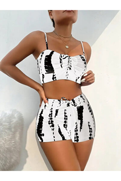 ASM BUTİK Women's Gather Detailed Strappy Crop Mini Tights Double Set