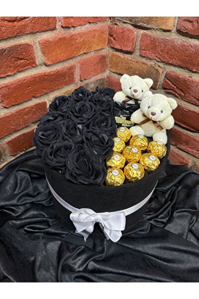 CAPSULE Romantik Lüks Siyah Kadife Gül Kutusu Prestij Boy – Peluş Ayıcık & Çikolata Detaylı