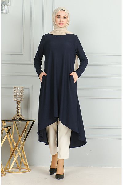 sefamerve Twisted Fabric Asymmetrical Cut Tunika 1032-01 Marineblau