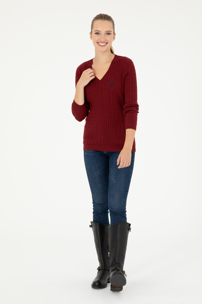 U.S. Polo Assn. Pulover de bază pentru femei, bordeaux, cu decolteu în V 50293561-VR014