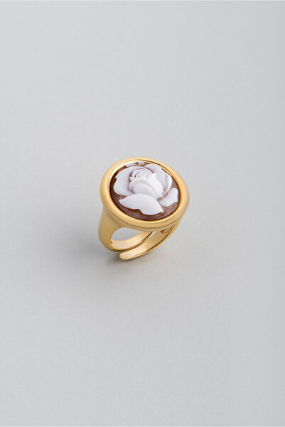 So CHIC... Cameo Italiano Beyaz Gül 18 Ayar Sarı Altın Kaplama Ayarlanabilir Gümüş Yüzük