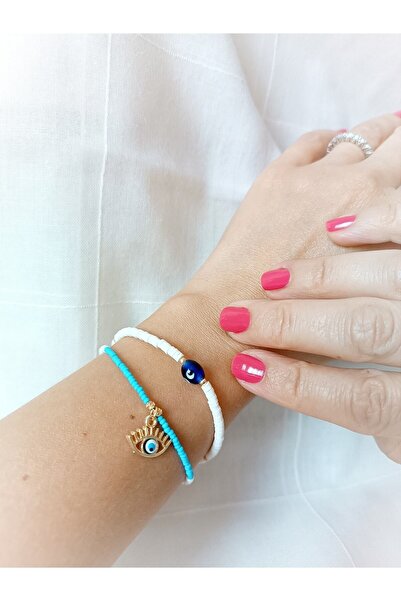 La fee aksesuar 2-Pack Evil Eye Beads White and Blue Bead Bracelet