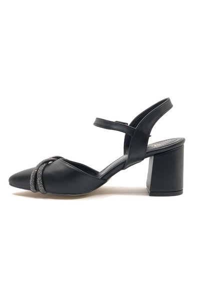 KCMN Mehtap Çapraz Burgu Taş Detaylı 6 cm Topuklu Kadın Klasik Ayakkabı SİYAH