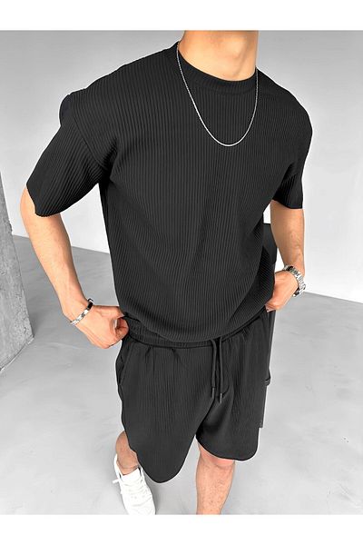 ablukaonline Tricou negru oversize cu dungi confortabile de vară pentru bărbați