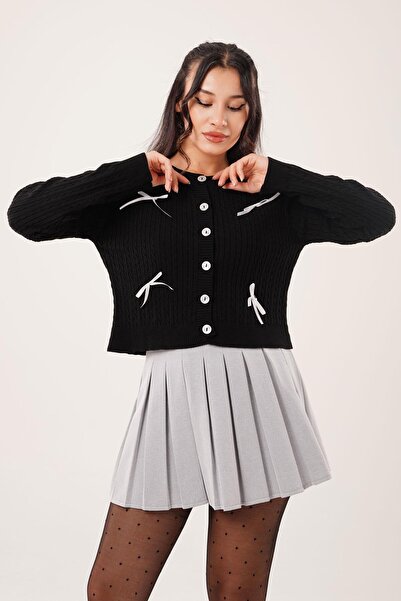 Hipo Trend Cardigan negru tricotat subțire cu fundă