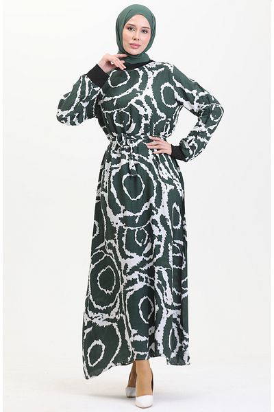sefamerve Khaki White Viscose Dress - Rib Detailed and Belted 0447A-01
