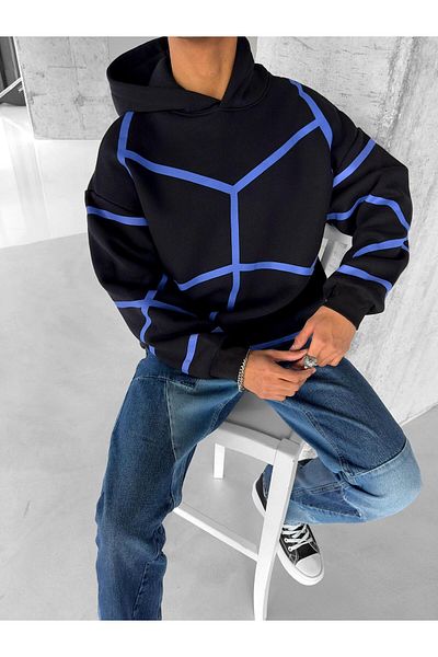 ablukaonline Men's Black Hoodie - Oversize, Geometric Pattern