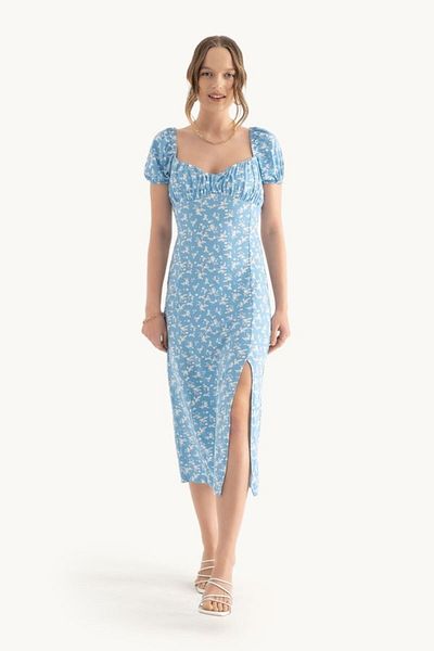 Hiccup Rochie midi cu imprimeu floral cu decolteu inima - Maneci cu bule si fanta laterala
