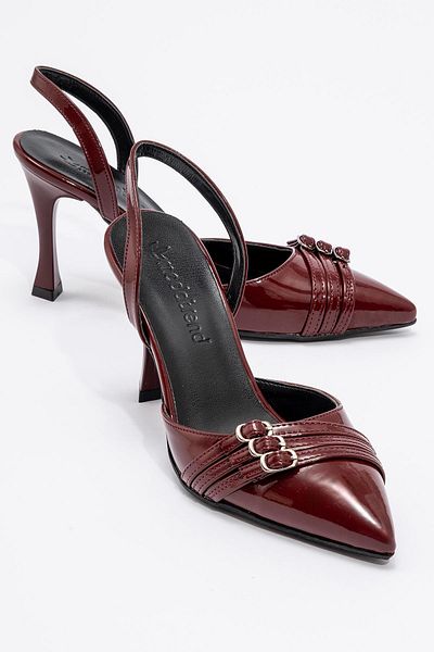 Ccway Claret Red Patent Leather Women's Heeled Shoes - 3 Buckle Design