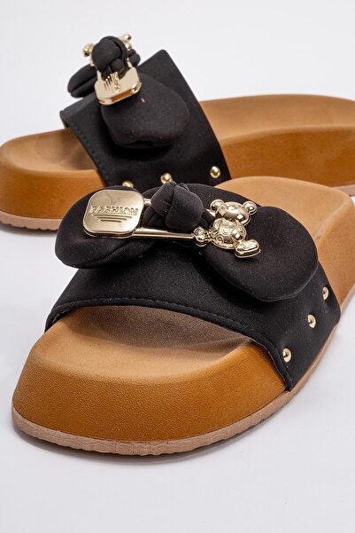 Ccway Black Women's Slippers - Teddy Bear Buckle and Bow Tie