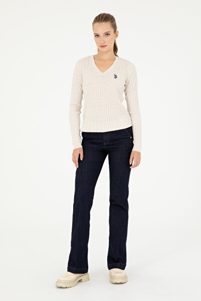 U.S. Polo Assn. Pulover de bază pentru femei, cremă, cu decolteu în V 50293561-VR159
