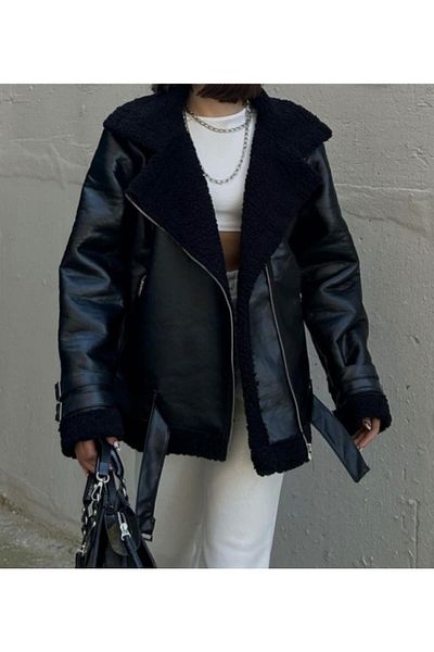 Kısmetin Butiği Women's Belted Fur Lined Leather Coat Coat