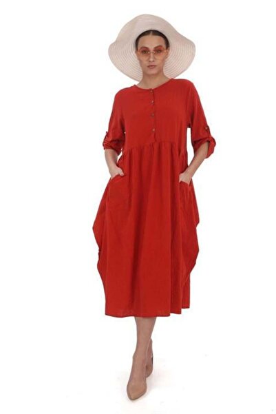 EREN STYLE Long Sleeve Round Neck Linen Balloon Dress