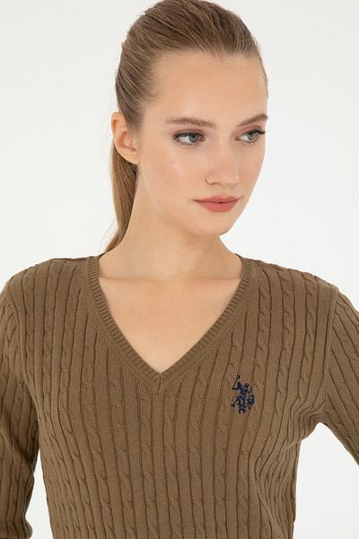 U.S. Polo Assn. Women's Dark Khaki V-Neck Basic Sweater 50293561 -Vr111