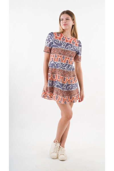 hazelin Women's Navy Blue Orange Ethnic Patterned Crew Neck Unlined Dress Hzl24S-Yy238