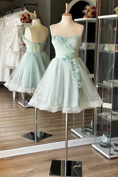 Lenta Moda Water Green Draped 3D Floral Green Skirt Mini Night and Party Dress