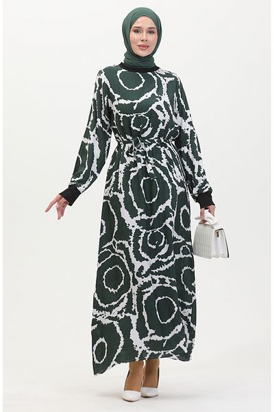 sefamerve Khaki White Viscose Dress - Rib Detailed and Belted 0447A-01
