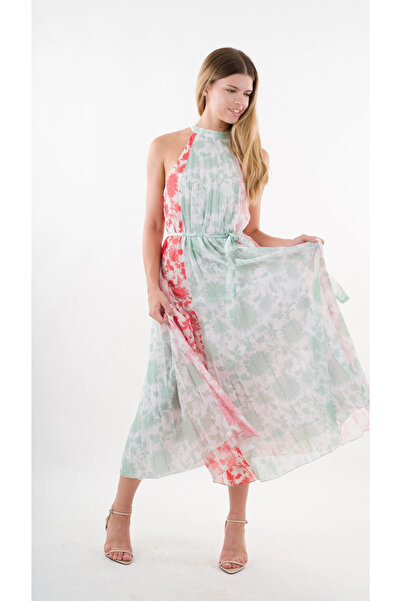 hazelin Red Green Blocky – Neckholder-Kleid Mit Blattmuster Hzl24S-Yy233