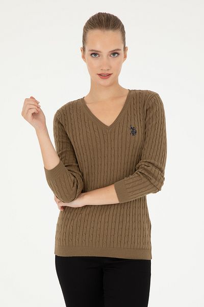 U.S. Polo Assn. Women's Dark Khaki V-Neck Basic Sweater 50293561 -Vr111