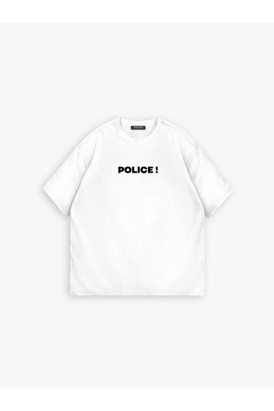 ablukaonline White Men's Oversize 'police!' Μπλουζάκι με στάμπα