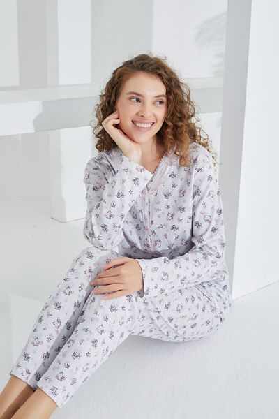 Etoile Set de pijamale pentru femei, 100% bumbac, cu mânecă lungă, cu nasturi în față 98285