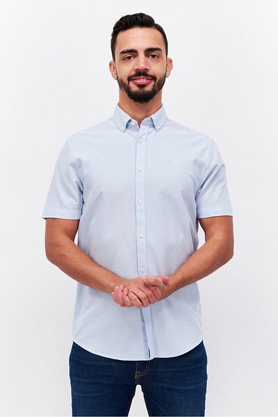 Threadbare Men Spread Collar Short Sleeves Embroidered Casual Shirts, Sky Blue