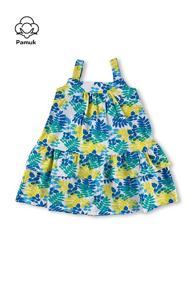 difa kids Rochie de vară confortabilă din bumbac cu bretele cu volane cu model de frunze albastre pentru fete