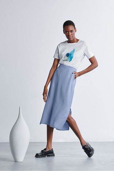 Tchibo Women Plain Slit Hem Midi Skirt, Sky Blue