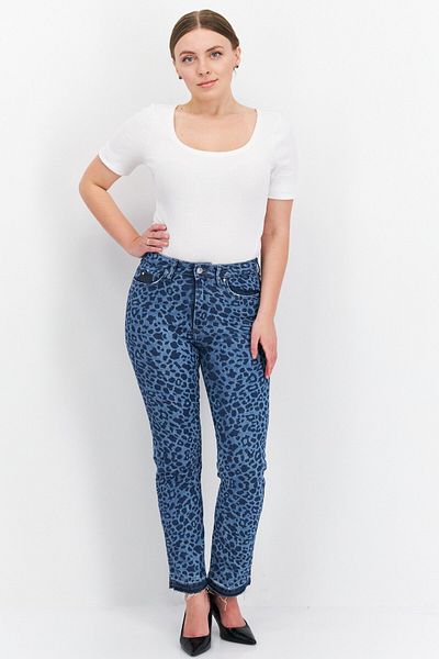 Guess Women Regular Fit Animal Pattern Denim Jeans, Blue