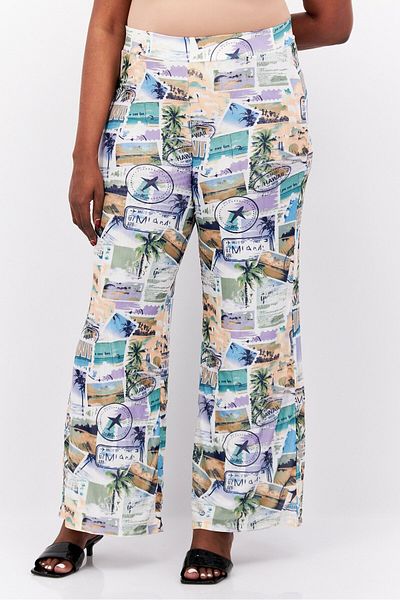 Royalty By Maluma Women Regular Fit Allover Flared Pants, White Combo