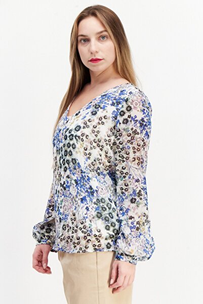 Esprit Women V Neck Allover Print Long Sleeve Blouse, White Combo