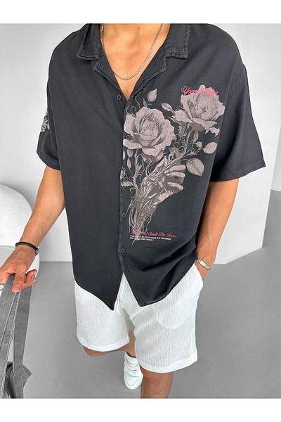 ablukaonline Cămașă oversize pentru bărbați de culoare antracit - cu imprimeu „young Atelier”, cu model de flori