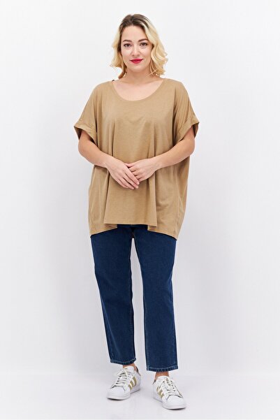 Tchibo Women Scoop Neck Short Sleeve Solid T Shirt, Brown