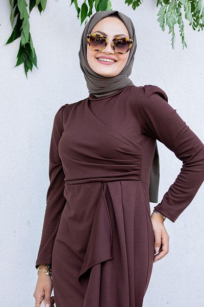 Tesettür Çarşım Lily Drape Pleat Dress for Special Occasions - Brown