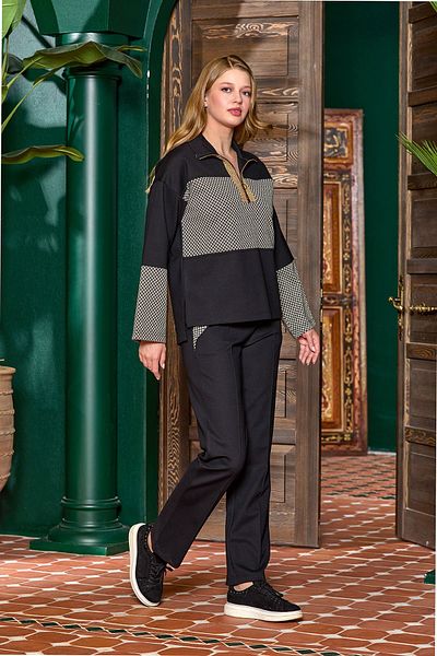 Cossy By Aqua 25336 Women's Black Herringbone Pattern Stand Collar Cotton Sports 2-Piece Bottom Top Set