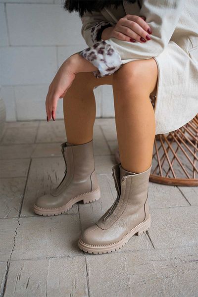 Parponi Stella Women's Genuine Leather Boots with Zipper on the Front Mink