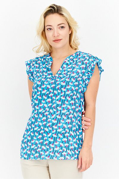 Anne Klein Women V Neck Cap Sleeve Floral Print Top, Blue Combo
