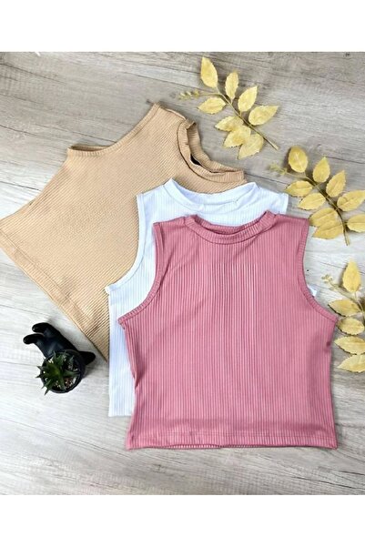 Lorya Giyim 3'lü paket %100 Pamuklu Fitilli Kaşkorse Örme Crop Bluz Atlet