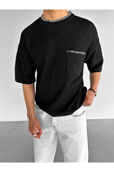ablukaonline Ανδρικό πλεκτό μπλουζάκι Oversize με μπροστινή τσέπη μαύρο