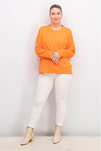 Tchibo Women Crew Neck Long Sleeve Solid Sweatshirt, Orange