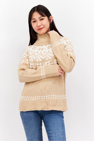Tommy Hilfiger Women Turtleneck Fair Isle Knit Sweater, Beige