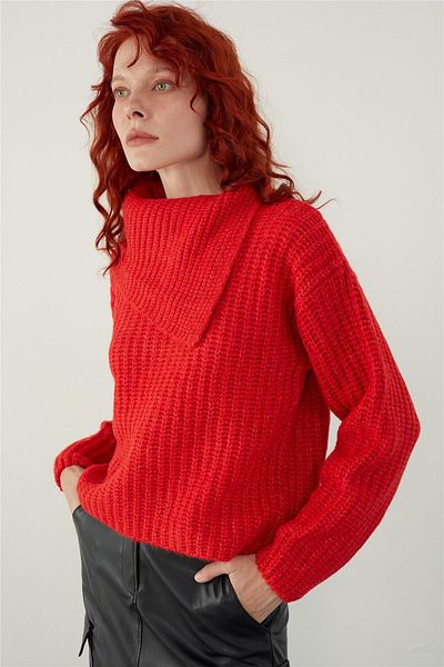 SHERIN Red Asymmetric Wide Collar Knitwear Sweater