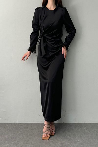 lizge giyim Satin Dress - Sleeve and Fringe Detail