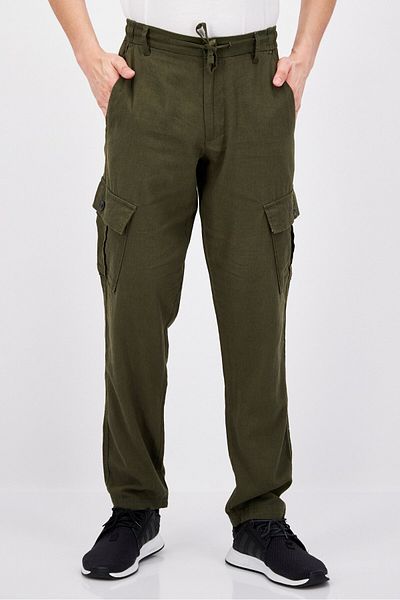 Threadbare Men Regular Fit Solid Cargo Pants, Army Green