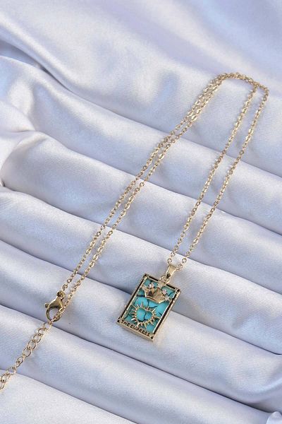 Mu Art Ahşap 316L Steel Chain Gold Color Zircon Stone Blue Marble Patterned Crown Model Tarot Necklace
