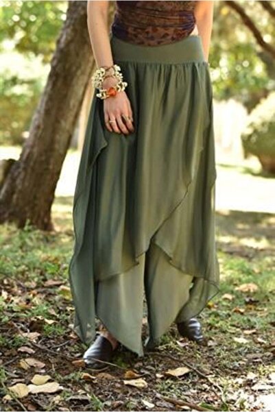 Bohem Stil Kadın Asimetrik Kapaklı Ipek Şalvar Pantolon
