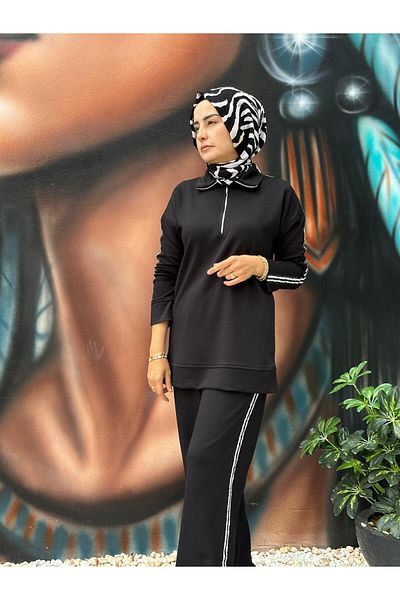 Cashmere Moda White Black Sequin Striped Oyşo Tracksuit Set - Black