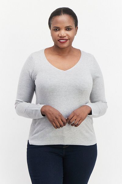 Esprit Women V Neckline Plain Pullover Sweater, Grey