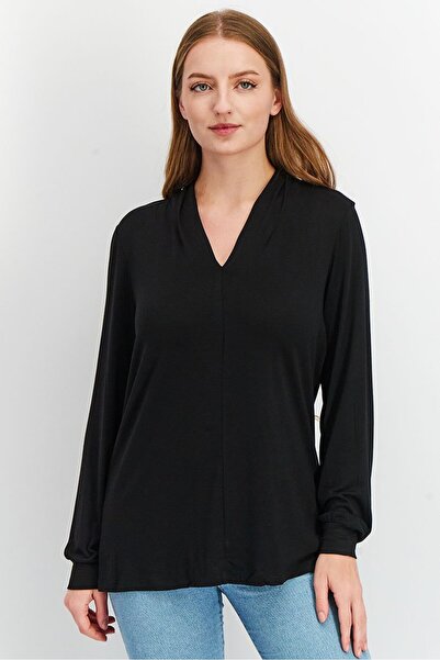 Tchibo Women V Neck Long Sleeve Solid T shirt, Black